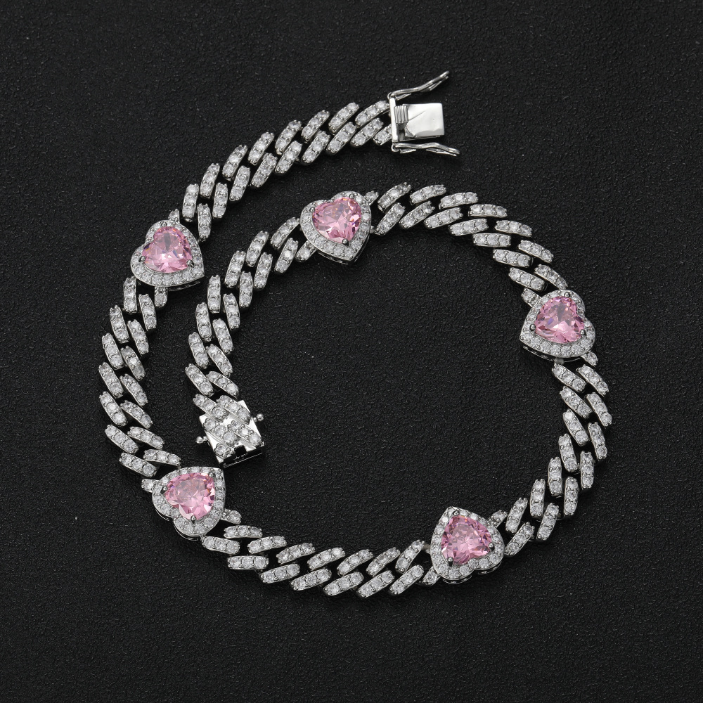 Hip Hop Copper Inlaid Zircon Cuban Necklace 10mm Chain with 3 Heart Zircon