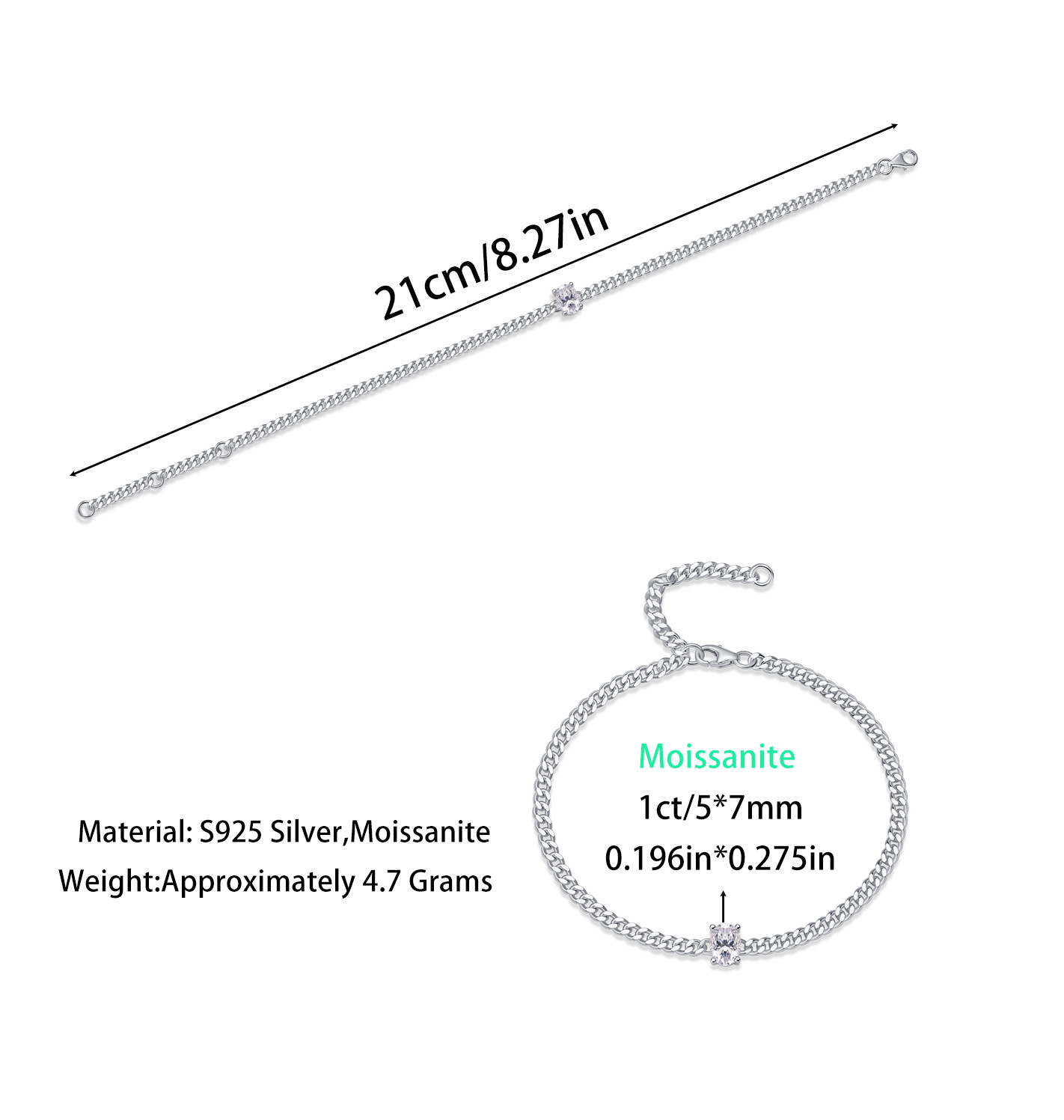 Egg Shape 5*7mm 1ct Moissanite Unisex Bracelet Adjustable Sparkling Gemstone Jewelry - Image 7