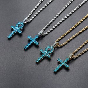 Hip Hop pendant copper inlaid with zircon blue Anka cross shape