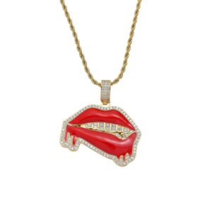Hip Hop pendant copper inlaid with zircon red lip shape