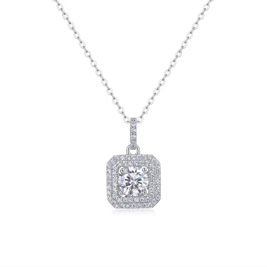 1 Carat Moissanite Necklace for Women - White Gold Plated 925 Silver Pendant