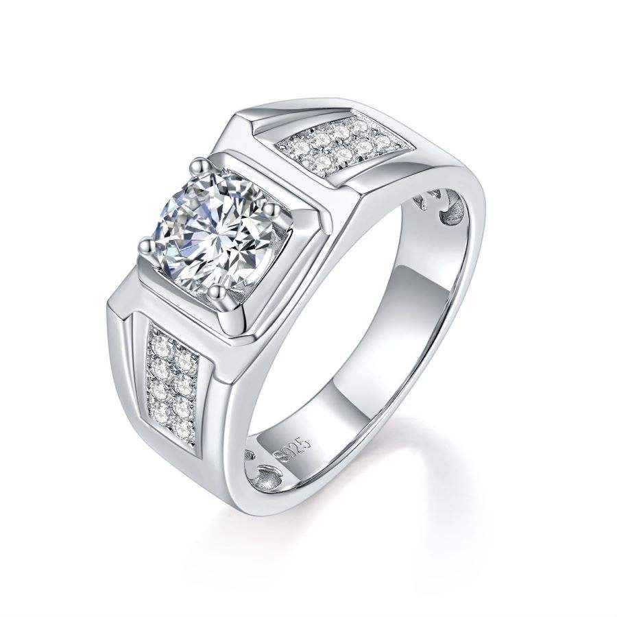 Men's Moissanite Wedding Ring - 1 Carat D Color VVS1 Round Brilliant Cut S925 Silver Promise Ring - Image 2