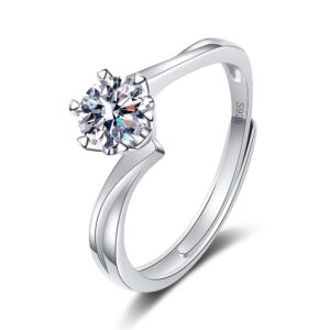 S925 Sterling Silver Ring GRA Moissanite 1 Carat Four Prong Open Adjustable Ring for Women