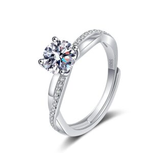 S925 Sterling Silver Ring GRA Moissanite 1 Carat Four Prong Open Adjustable Ring for Women