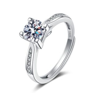 S925 Sterling Silver Ring Opening Adjustable 1 Carat GRA Moissanite Ring for Women