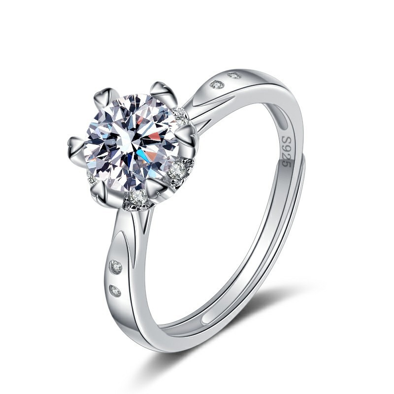 S925 Sterling Silver Ring Opening Adjustable 1 Carat GRA Moissanite Ring for Women