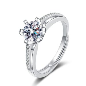 S925 Sterling Silver Ring Opening Adjustable 1 Carat GRA Moissanite Ring for Women