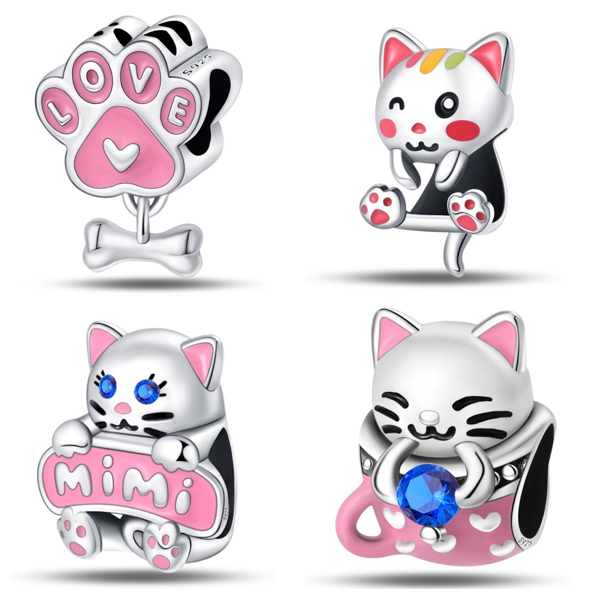 S925 sterling silver beaded kitten bracelet accessory