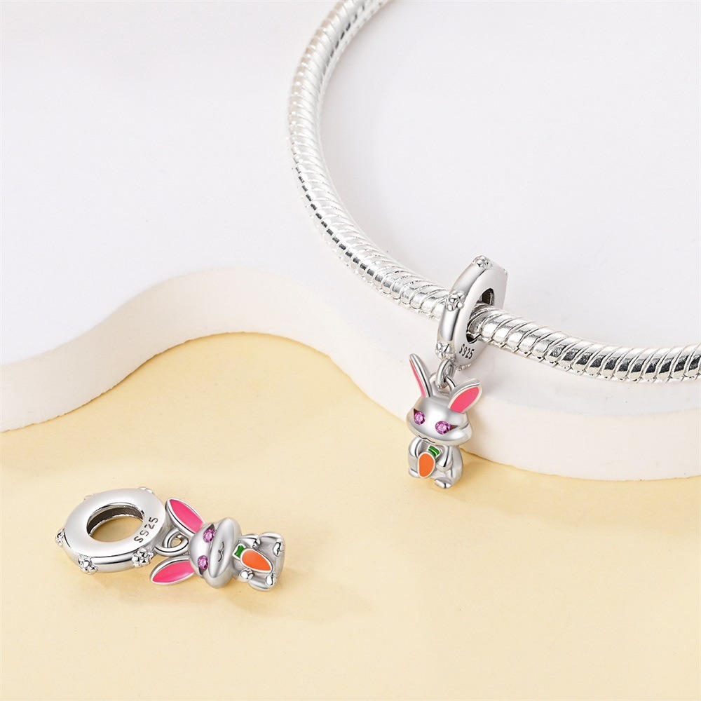 S925 sterling silver beaded DIY cartoon carrot rabbit bracelet accessories - Image 5