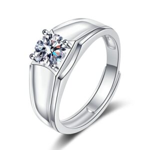S925 Sterling Silver Ring Four Prongs 1 Carat GRA Moissanite Open Adjustable Men's Ring