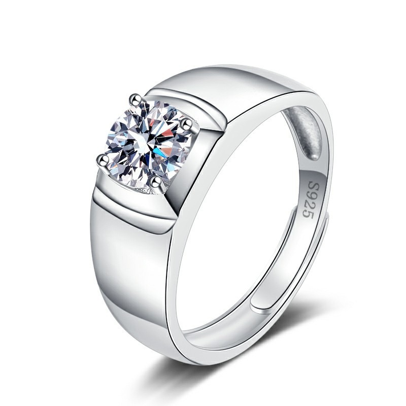 S925 Sterling Silver Ring Six Prongs 1 Carat GRA Moissanite Open Adjustable Men's Ring