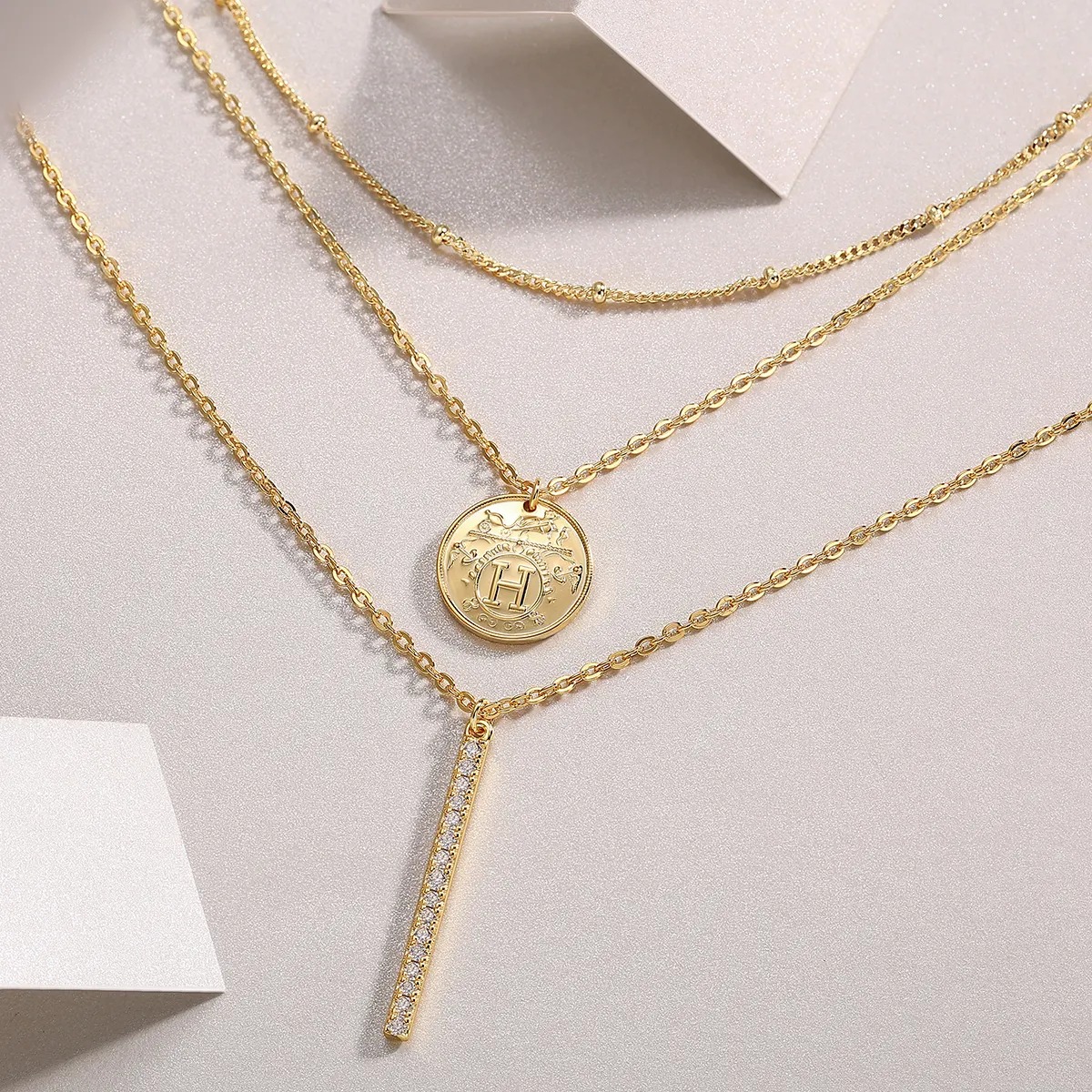 3-Piece Layered Moissanite Pendant Necklace Set - S925 Sterling Silver Gold-Plated - Image 2