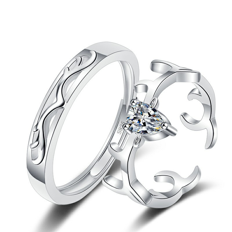 S925 sterling silver ring opening adjustable antler couple ring