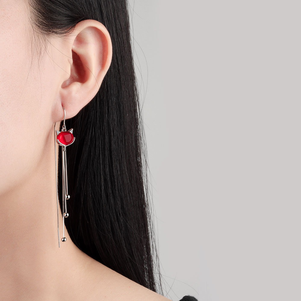 S925 sterling silver stud earrings tassel red fox earrings - Image 4