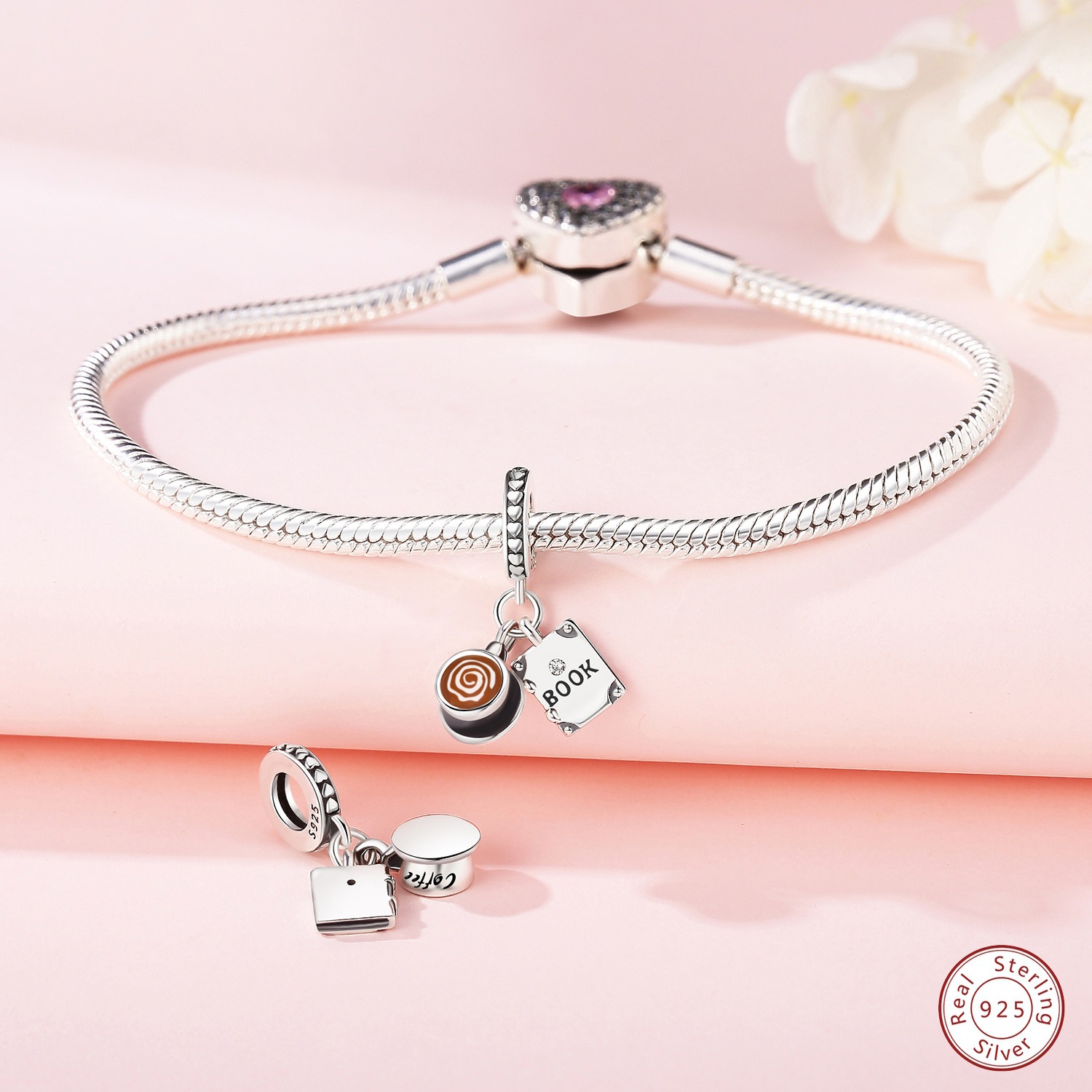 S925 Sterling Silver Beaded DIY Coffee Mug Book Bracelet Accessories - Image 5