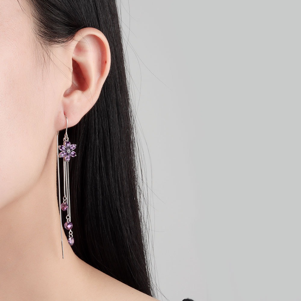 S925 sterling silver stud earrings tassel crystal flower earrings - Image 5