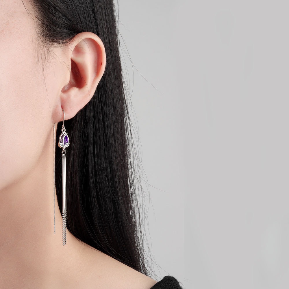 S925 sterling silver stud earrings tassel purple tulip earrings - Image 4