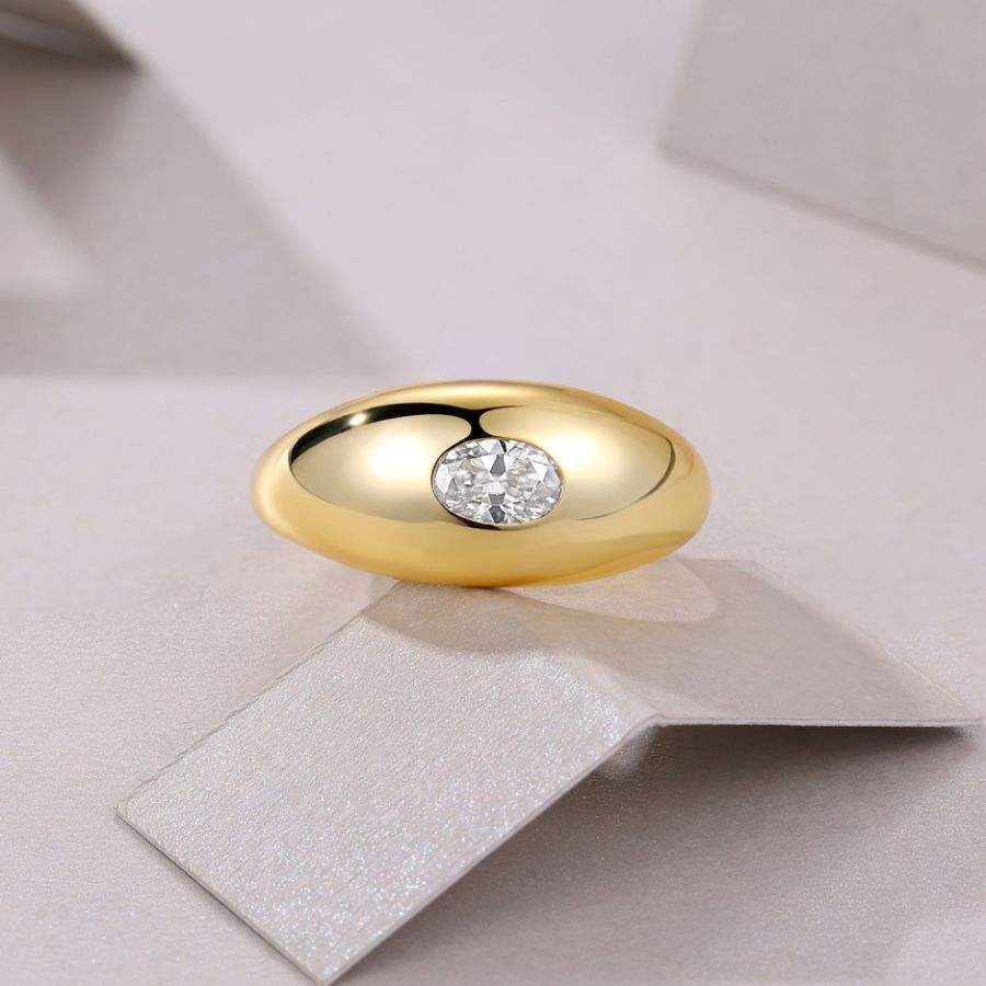 4x6mm Oval Cut Moissanite Bold Dome Ring 18K Gold Plated S925 Silver - Image 3