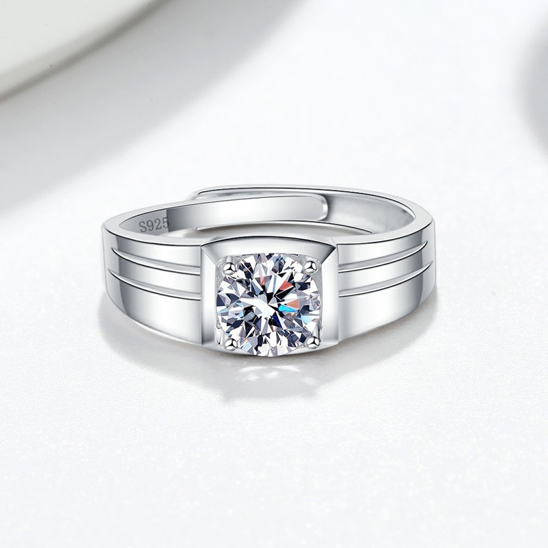 S925 Sterling Silver Ring 1 Carat GRA Moissanite Open Adjustable Men's Ring - Image 4