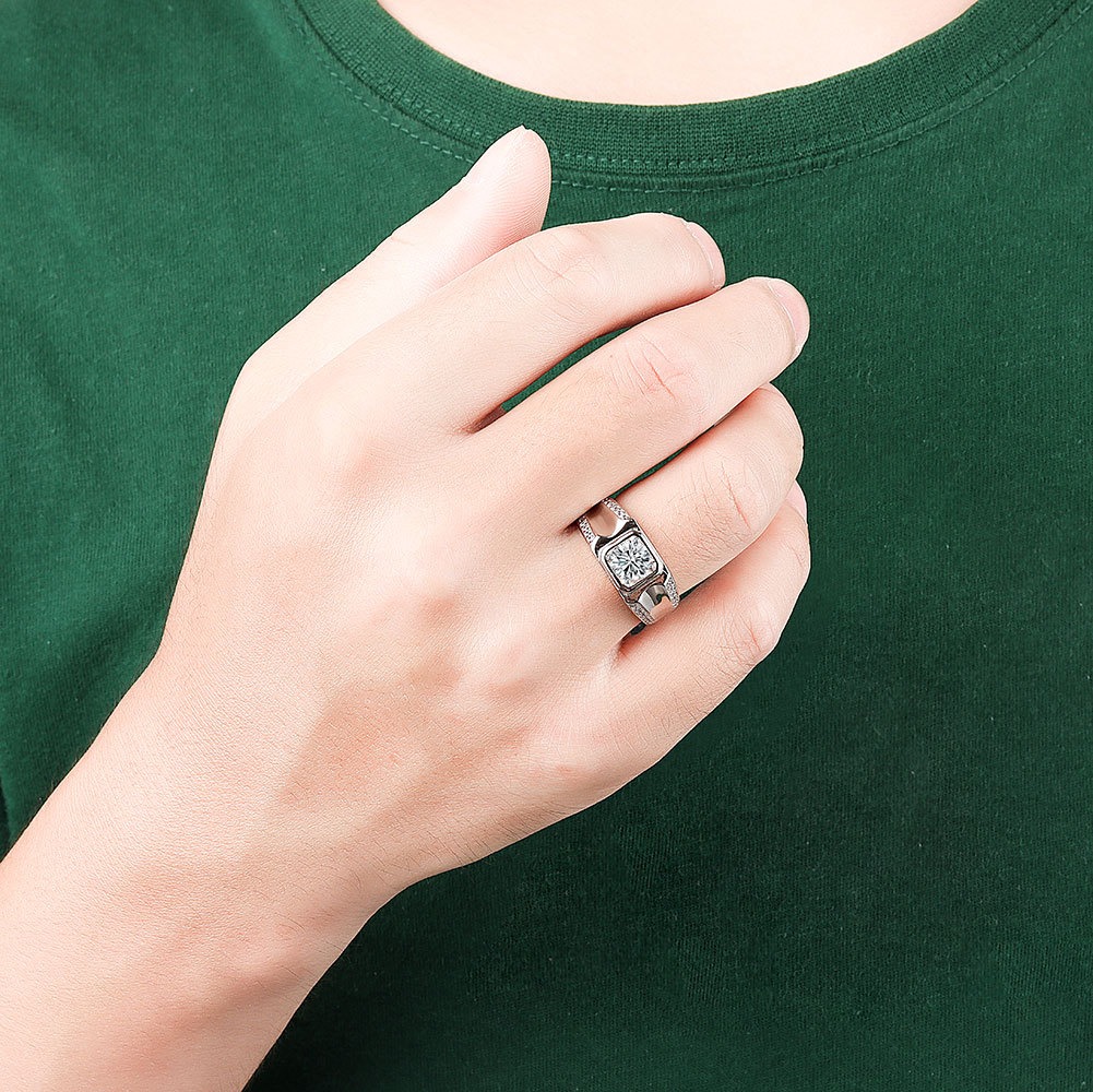 S925 Sterling Silver Ring 1 Carat GRA Moissanite Open Adjustable Men's Ring - Image 5