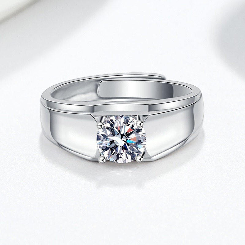 S925 Sterling Silver Ring Four Prongs 1 Carat GRA Moissanite Open Adjustable Men's Ring - Image 4
