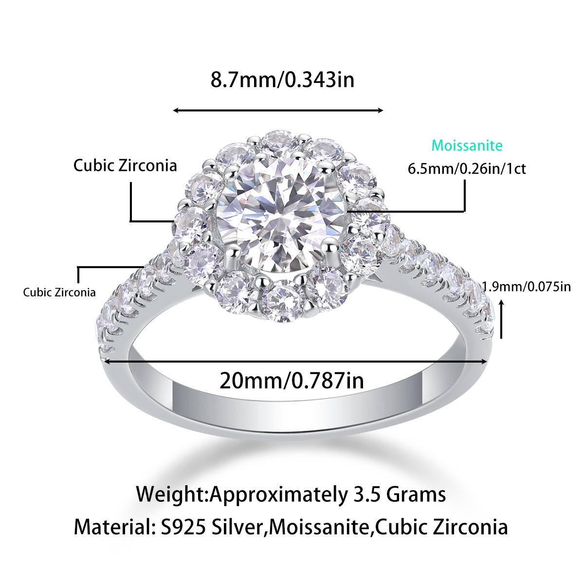 New Fashion Custom Jewelry Moissanite Ring 925 Siver Moissanite Diamond Ring Moissanite big ring - Image 3