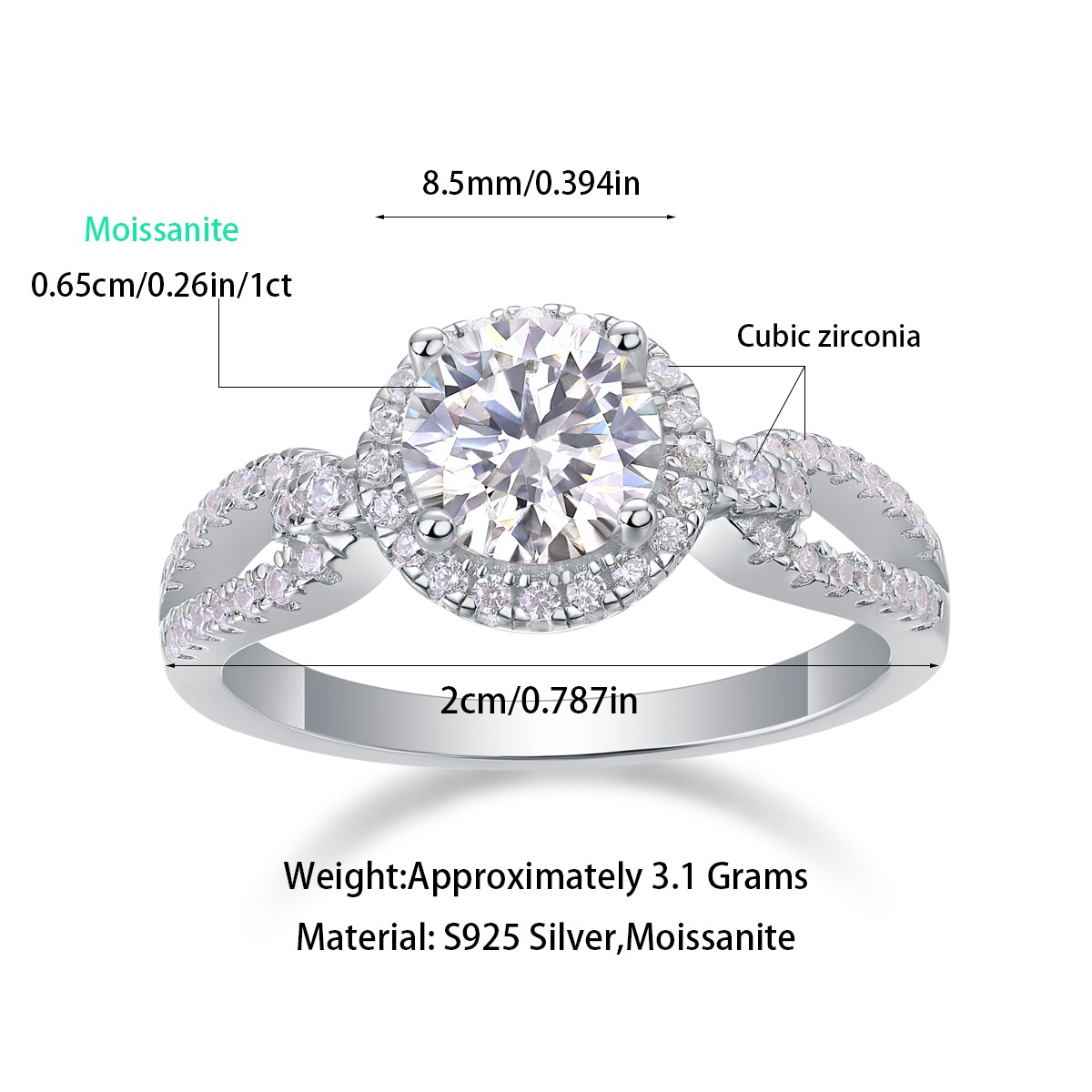 S925 Sterling Silver 1ct Moissanite Rings Exquisite Shiny Full Diamond Rings For Women - Image 3