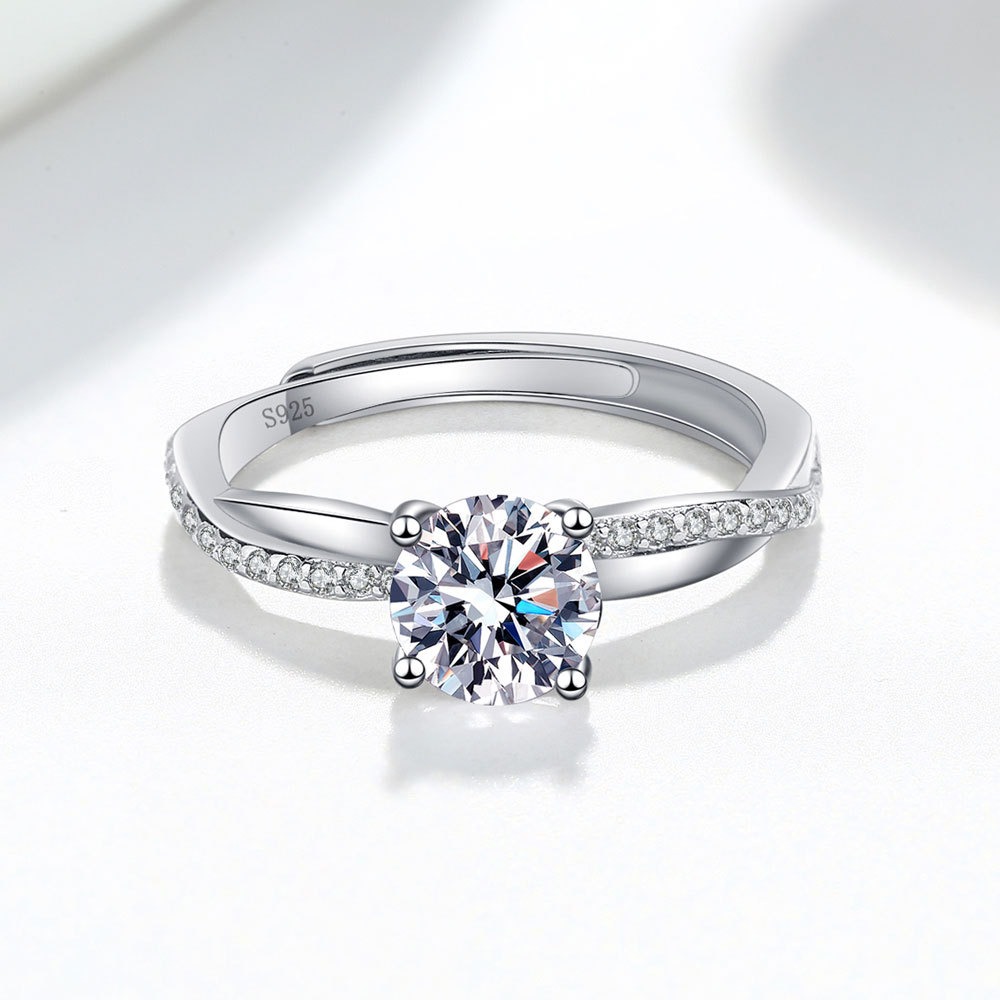 S925 Sterling Silver Ring GRA Moissanite 1 Carat Four Prong Open Adjustable Ring for Women - Image 3