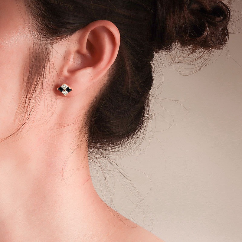 S925 sterling silver stud earrings square black and white checkerboard earrings - Image 5