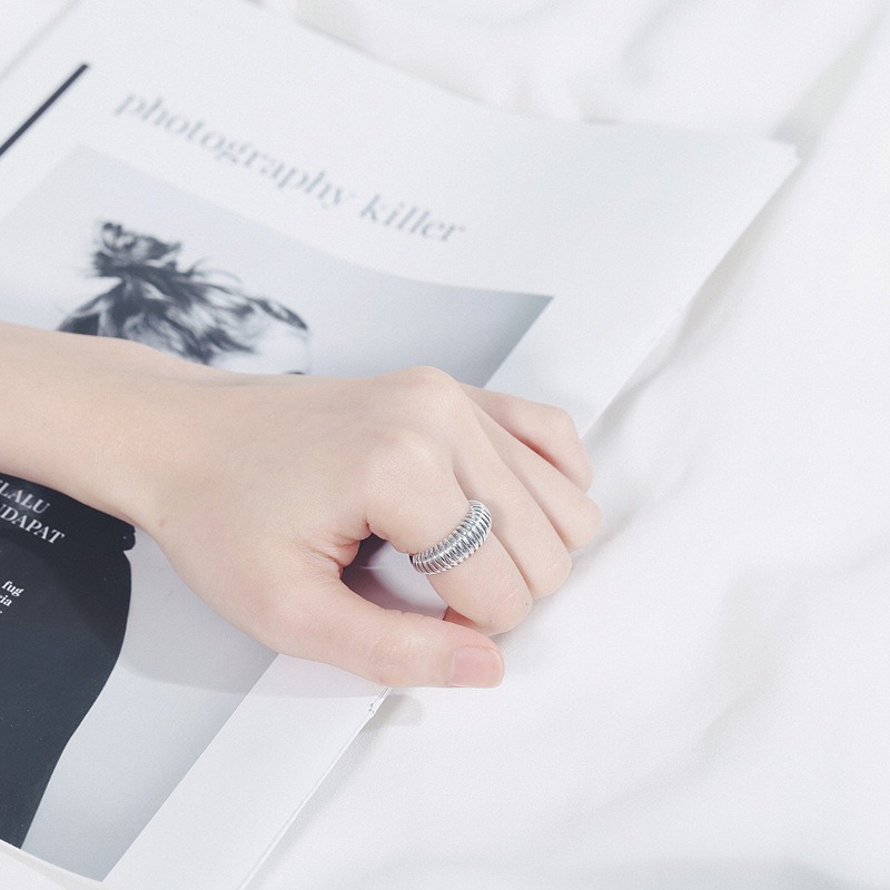 S925 sterling silver ring opening adjustable glossy stripe ring - Image 4