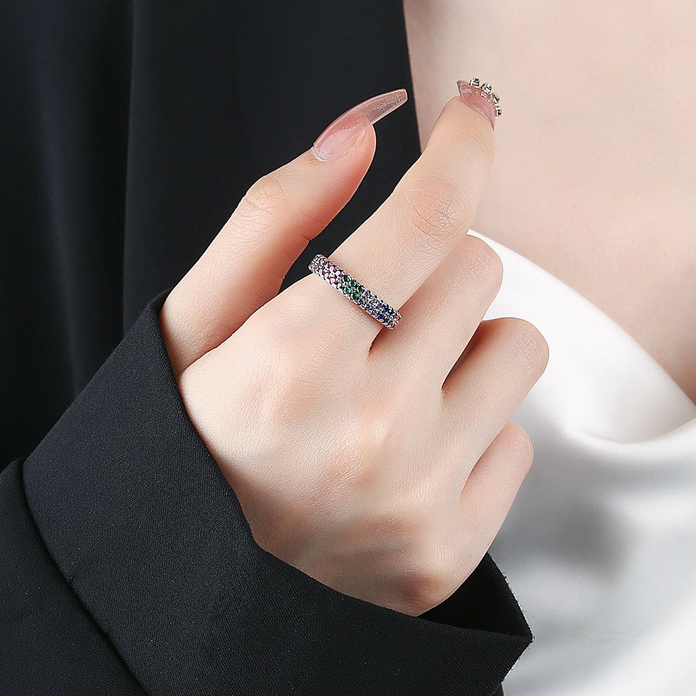 S925 Sterling Silver Ring Opening Adjustable Rainbow Full Diamond Ladies Ring - Image 5