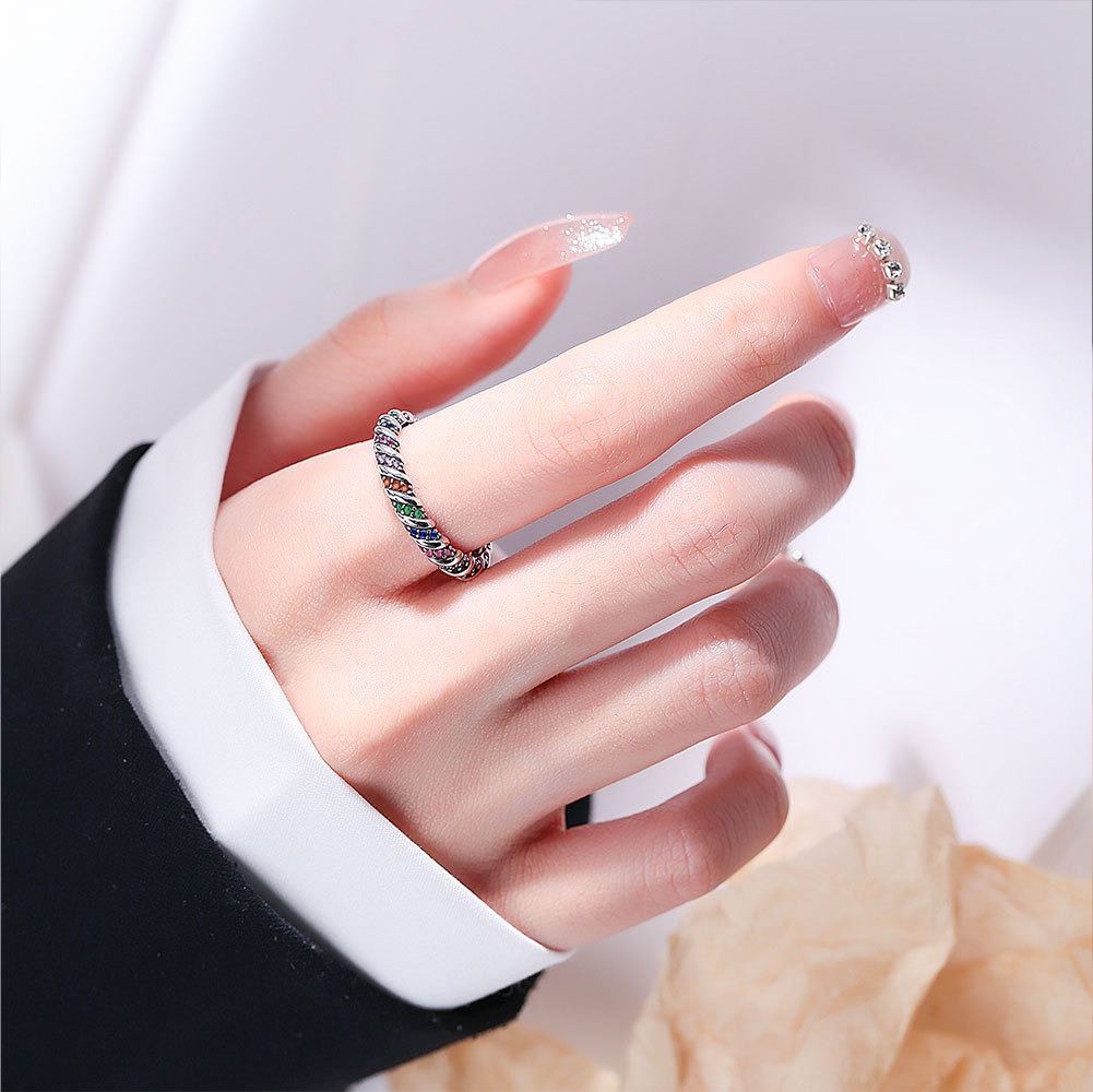 S925 Sterling Silver Ring Opening Adjustable Colored Striped Women's Ring - Image 5