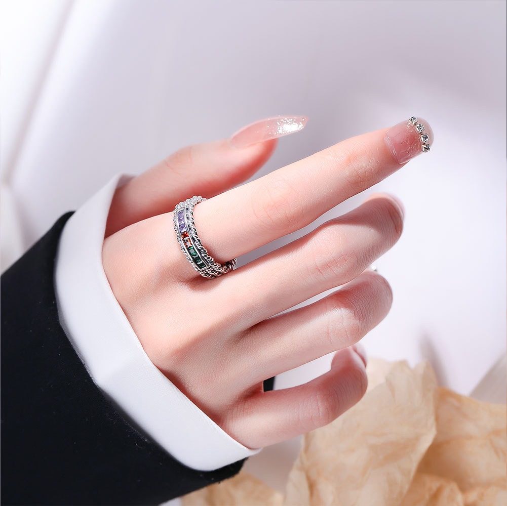 S925 Sterling Silver Ring Opening Adjustable Colored Striped Women's Ring - Image 5