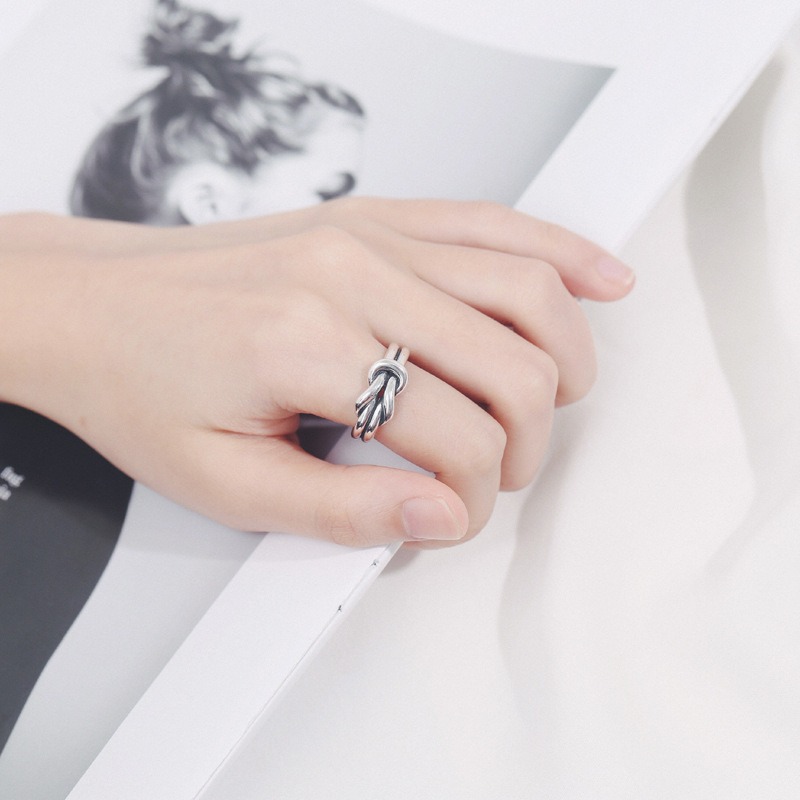 S925 sterling silver ring opening adjustable double line knot women's ring - Image 5