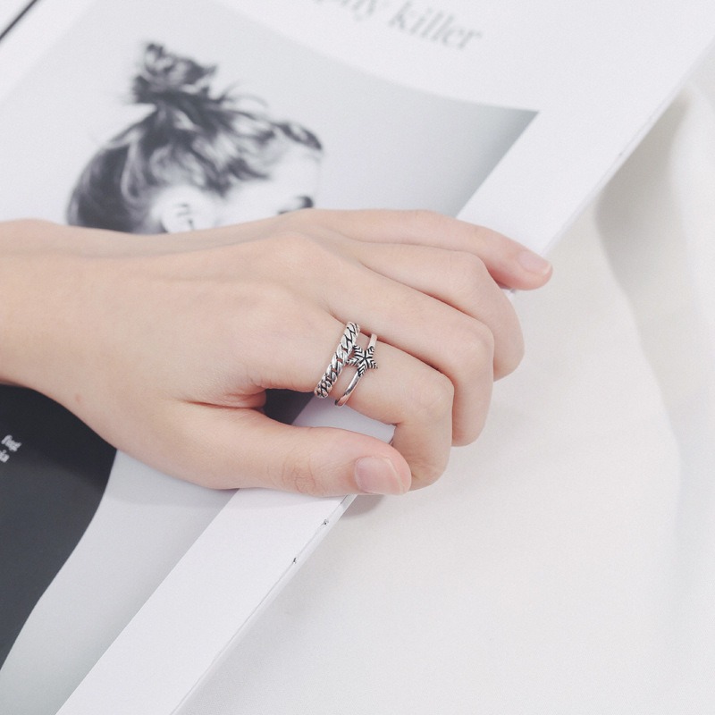 S925 sterling silver ring opening adjustable pentagram chain women's ring - Image 5