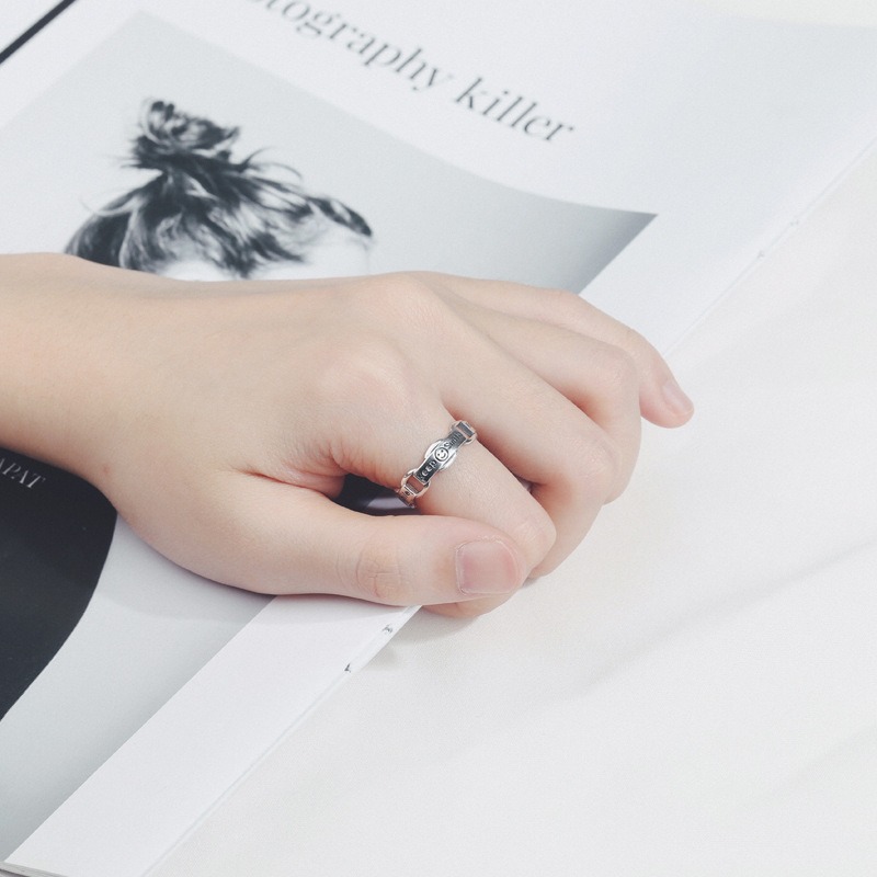 S925 Sterling Silver Ring Opening Adjustable Smiley Chain Women's Ring - Image 5