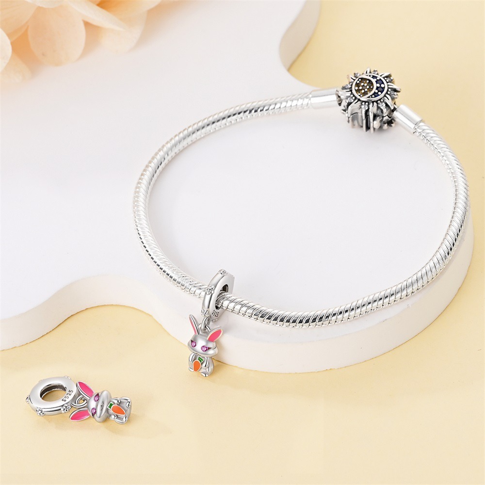 S925 sterling silver beaded DIY cartoon carrot rabbit bracelet accessories - Image 6
