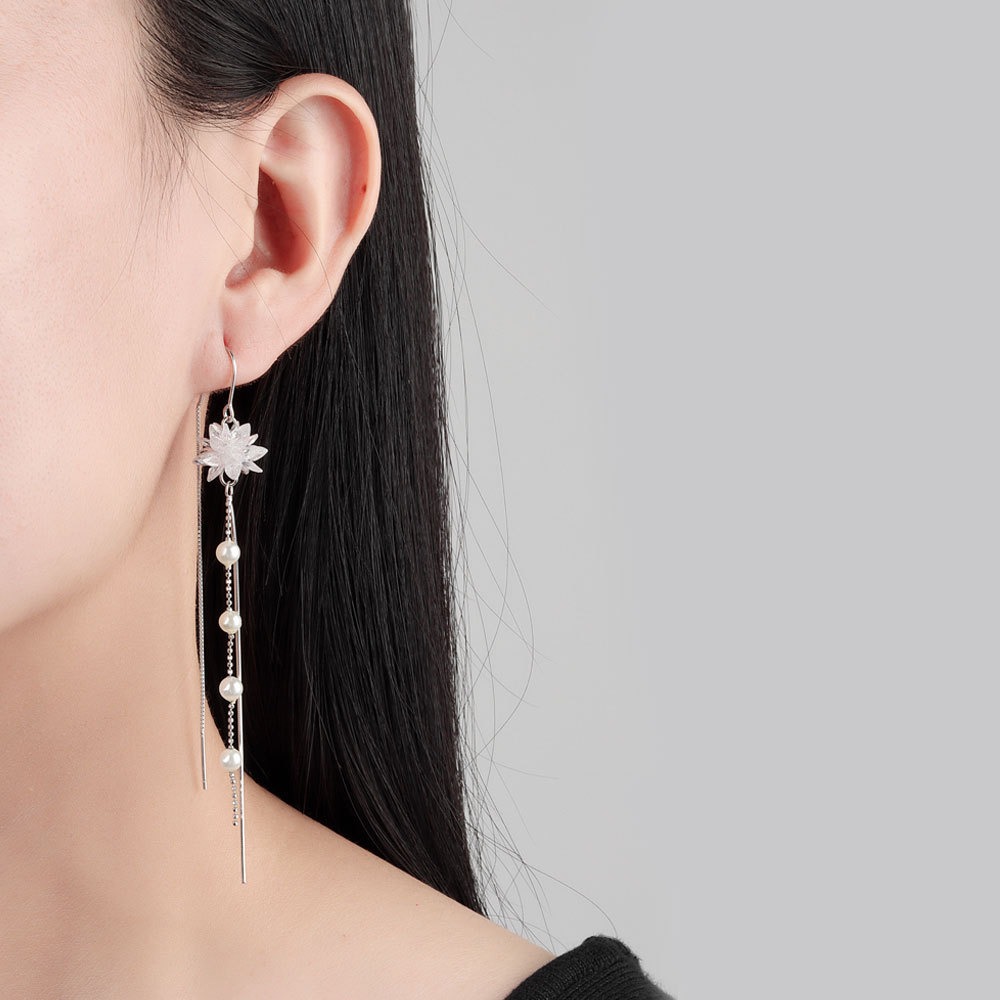 S925 sterling silver stud earrings long tassel pearl earrings - Image 4