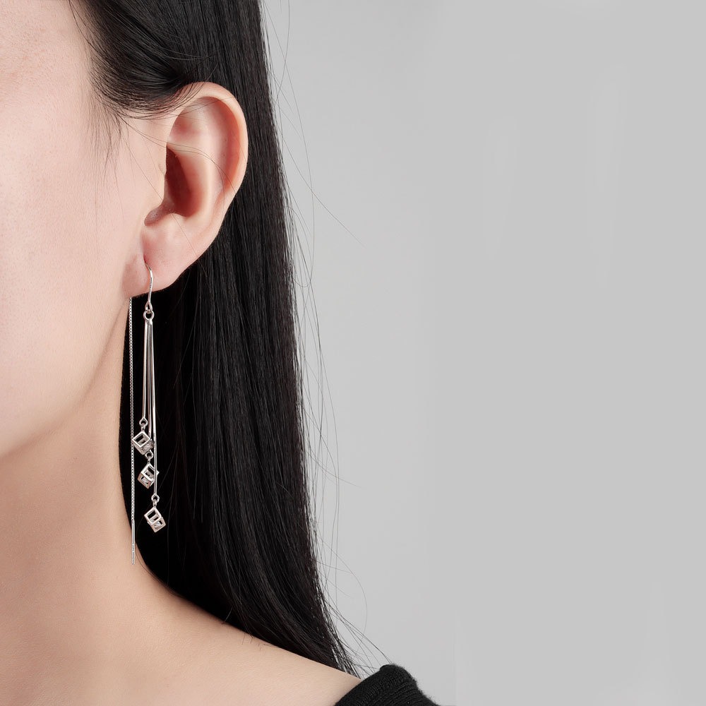 S925 sterling silver stud earrings long tassel cube earrings - Image 4
