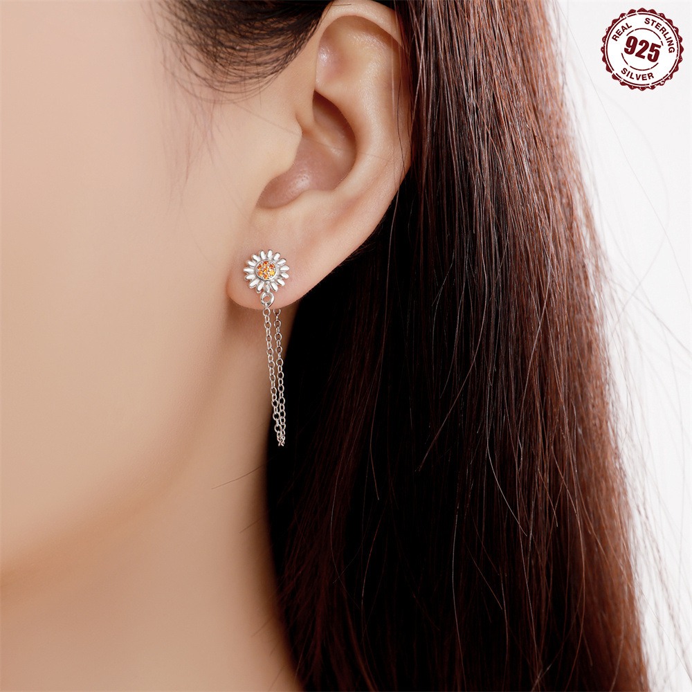 S925 Pure Tassel Sunflower Stud Earrings - Image 3