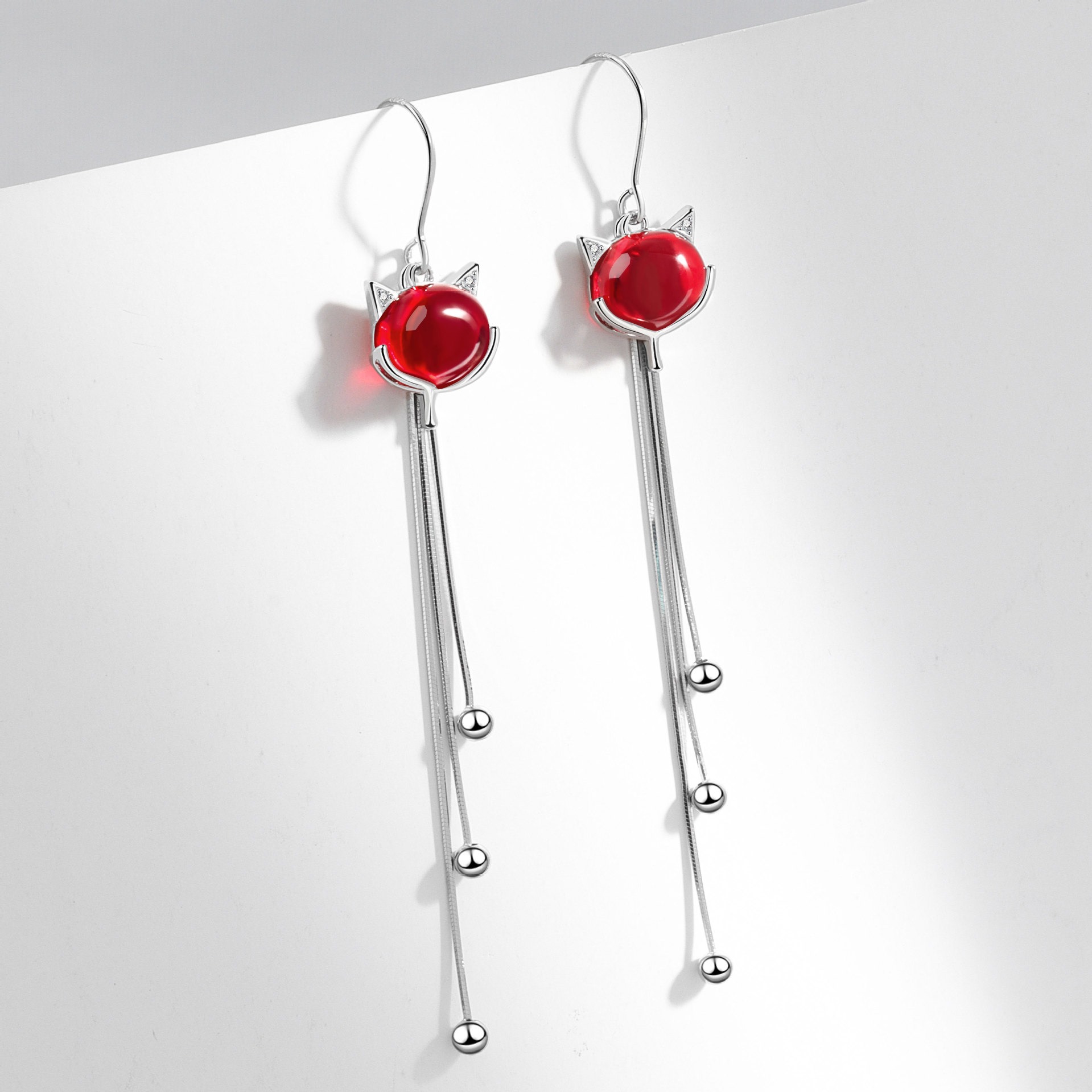 S925 sterling silver stud earrings tassel red fox earrings - Image 3