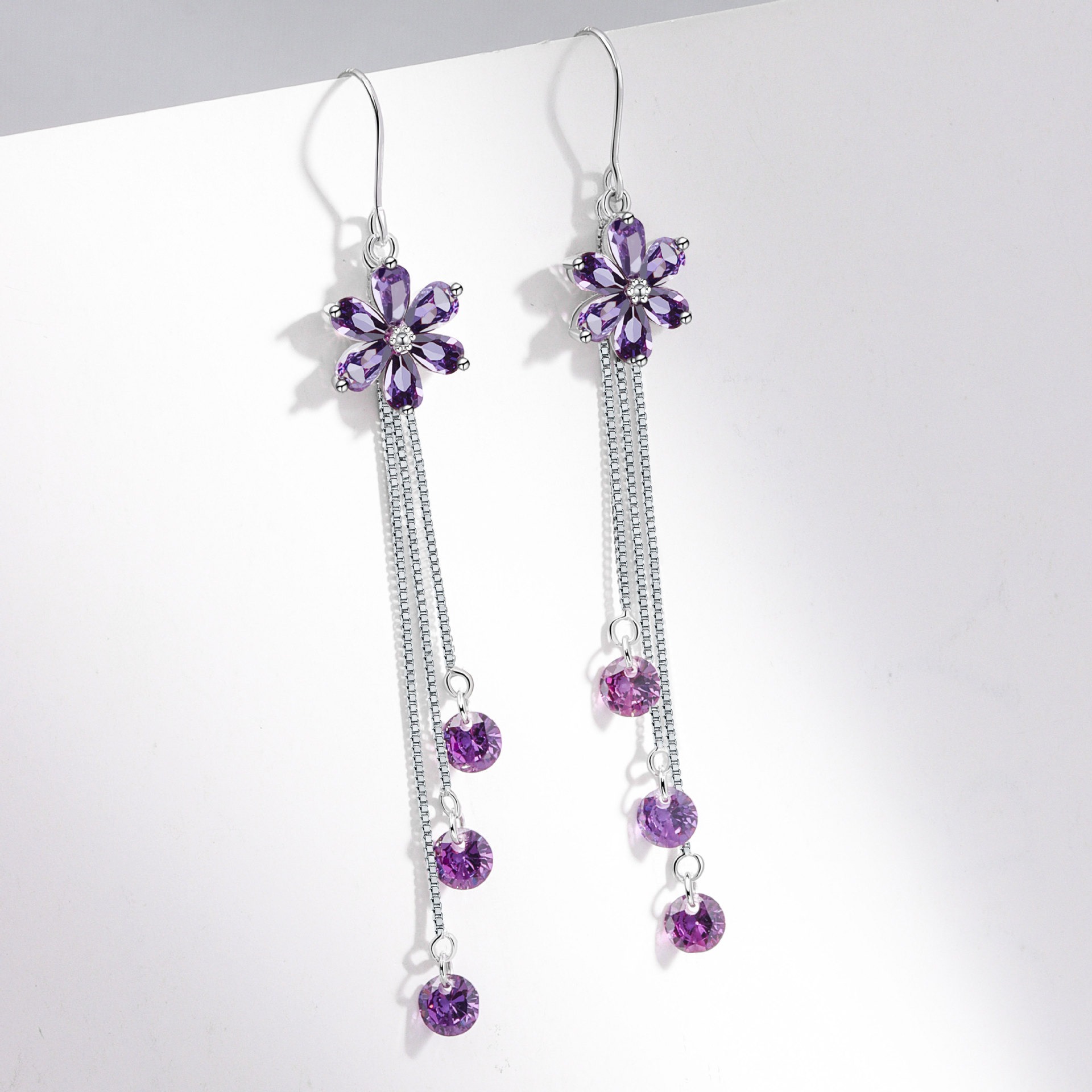 S925 sterling silver stud earrings tassel crystal flower earrings - Image 4