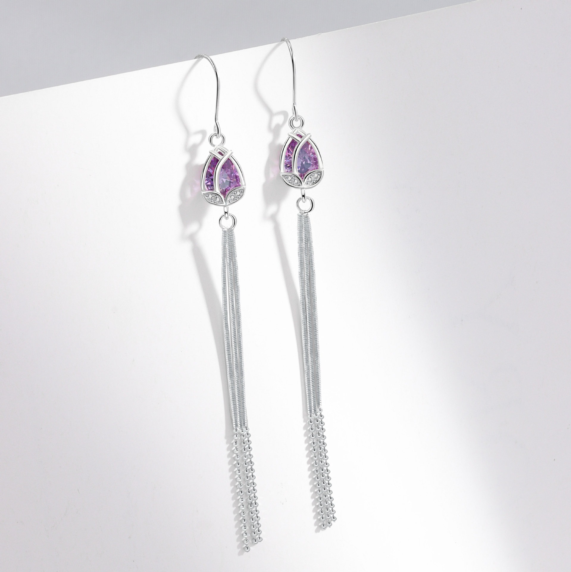 S925 sterling silver stud earrings tassel purple tulip earrings - Image 3