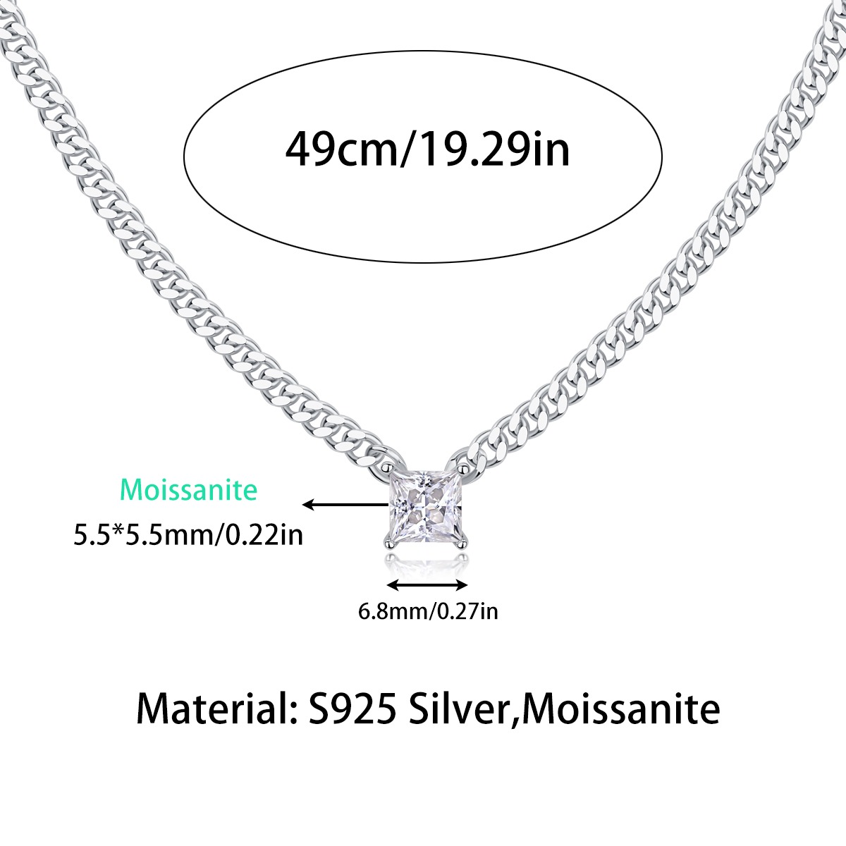 S925 Sterling Silver Style Pendants Necklace quadrate VVS Moissanite White Customized Pendant Necklace - Image 3