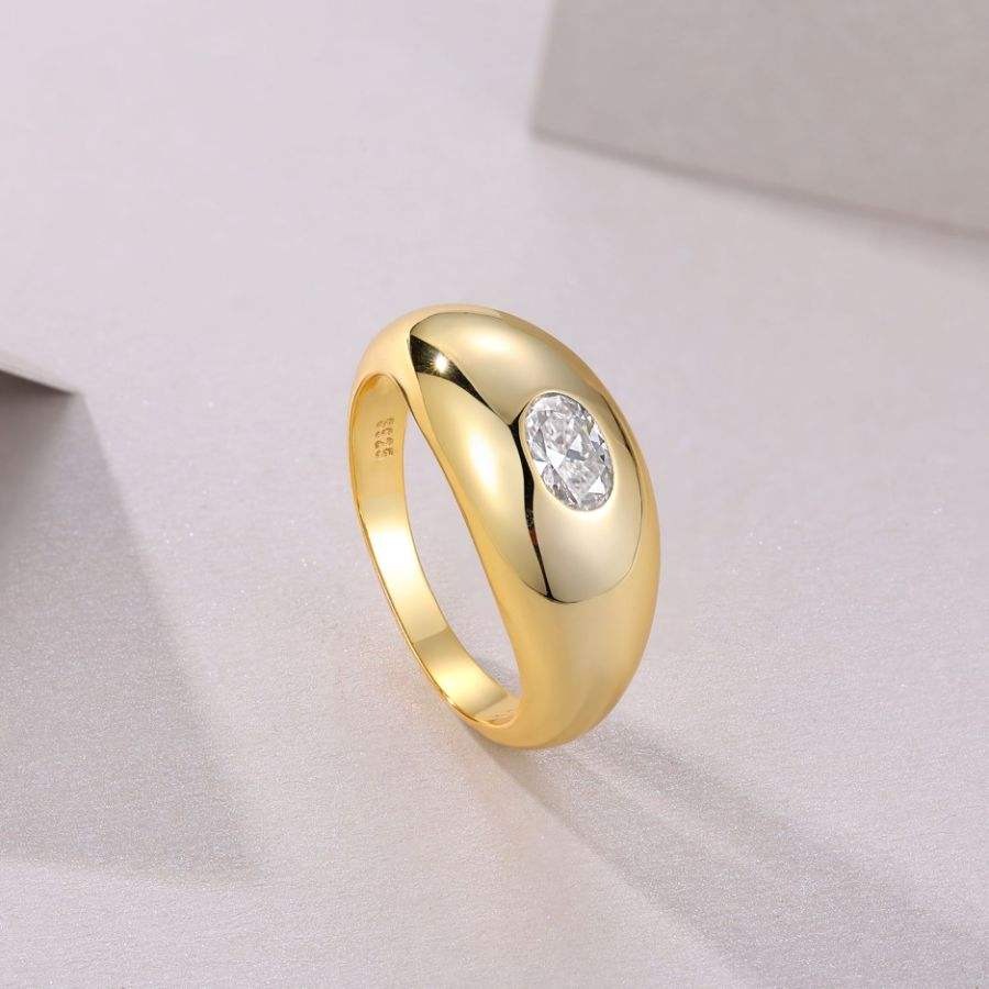 4x6mm Oval Cut Moissanite Bold Dome Ring 18K Gold Plated S925 Silver - Image 4