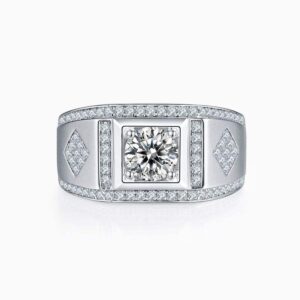 Vintage 1 Ct Round Cut Moissanite Men's Ring S925 Silver with Rectangular Setting