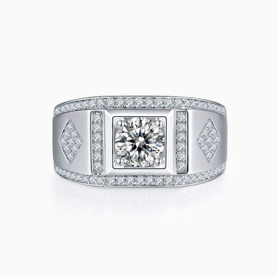 Vintage 1 Ct Round Cut Moissanite Men's Ring S925 Silver with Rectangular Setting