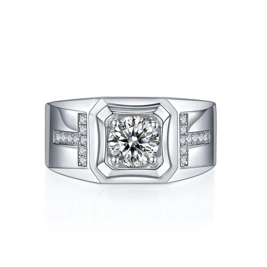 1 Carat D Color Moissanite S925 Silver Plated Ring for Men
