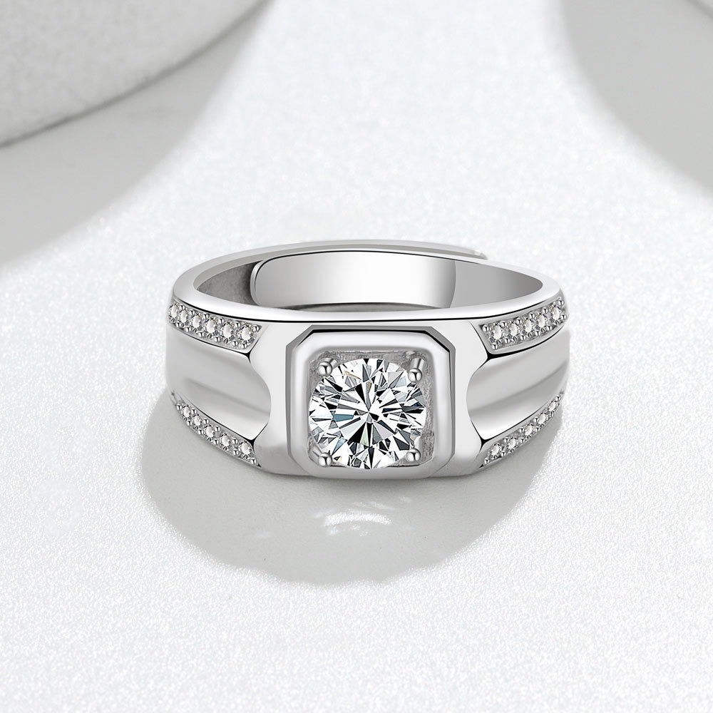 S925 Sterling Silver Ring 1 Carat GRA Moissanite Open Adjustable Men's Ring - Image 4