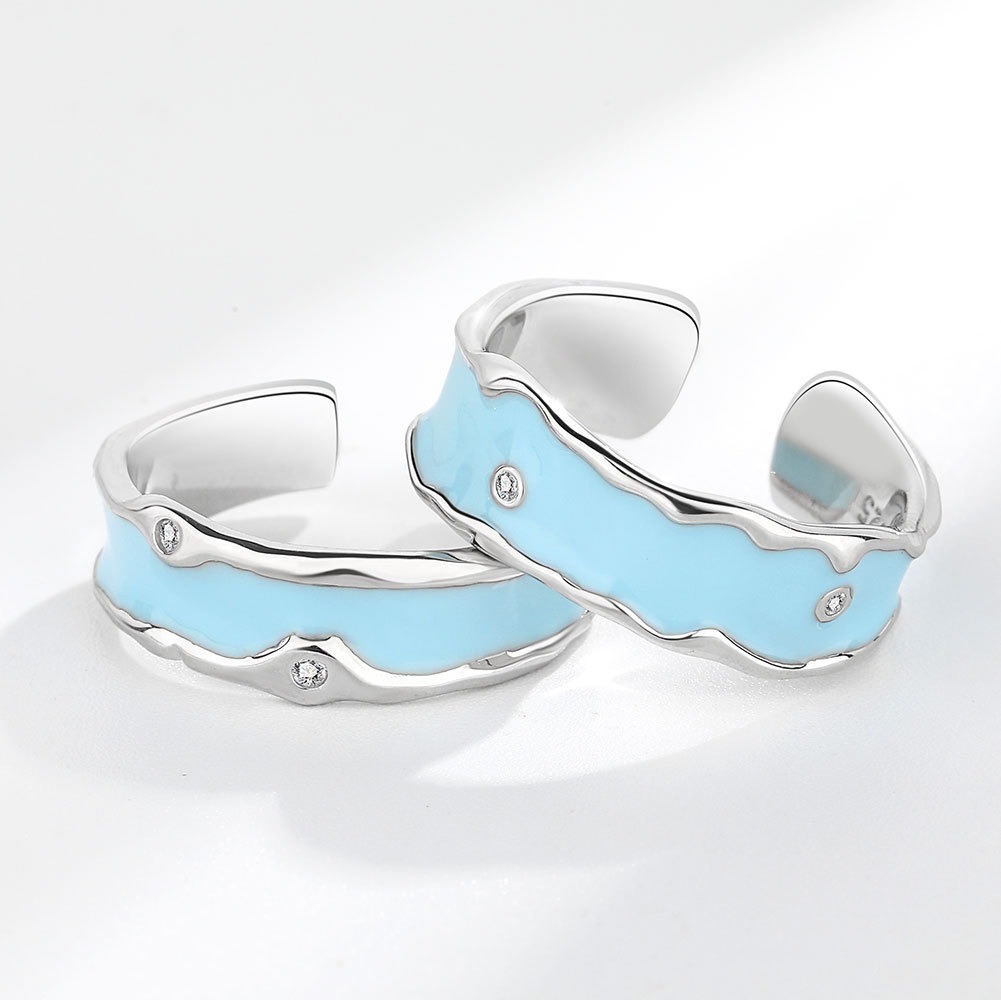 S925 sterling silver ring opening adjustable blue dripping oil zircon couple ring - Image 4